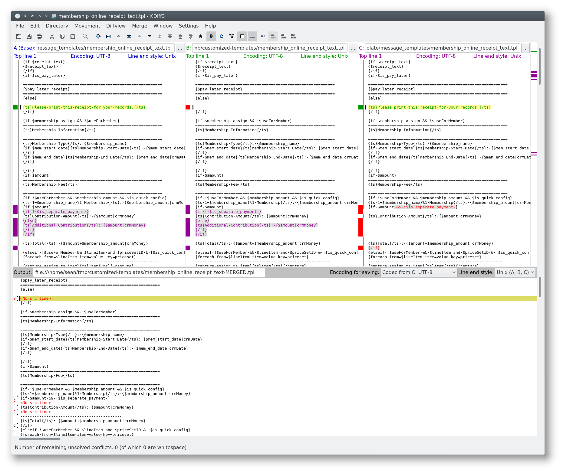 Screenshot of KDiff3 displaying the result of a three-way merge