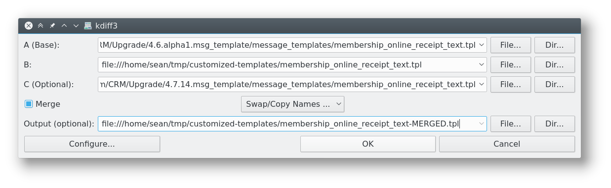 Screenshot of opening three files in KDiff3