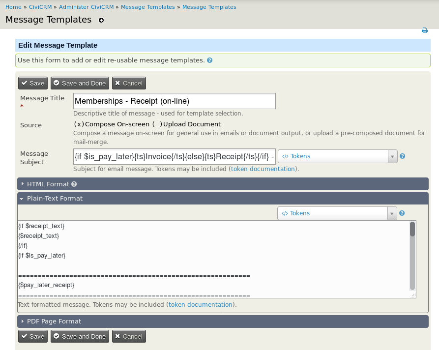 Screenshot of the Edit Message Template screen