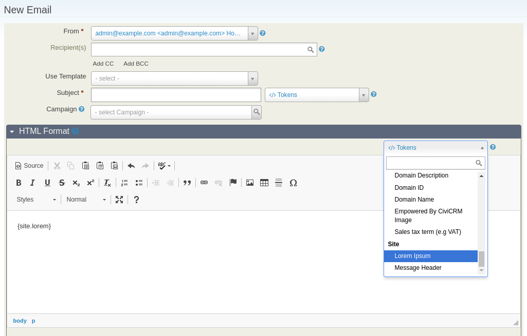 Screenshot of the New Email screen with the token list expanded to the "Site" tokens group.