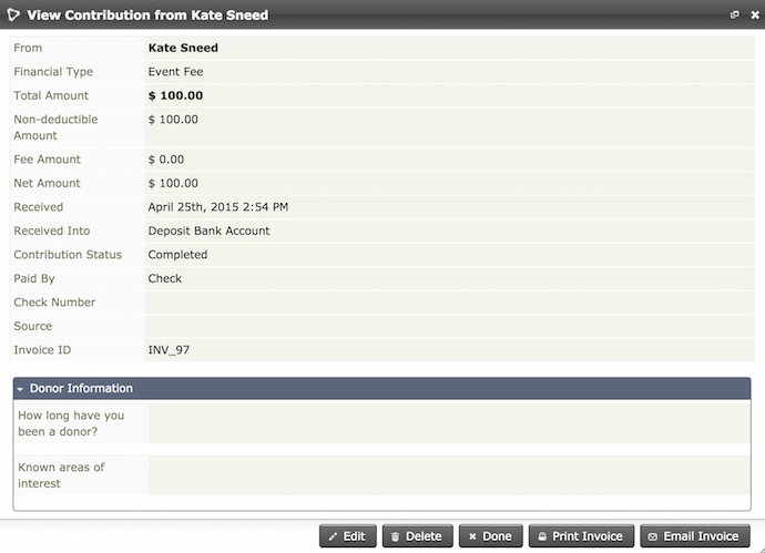 The print Invoice and email Invoice buttons are at the bottom of the contrbution screen.