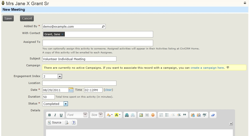 Screenshot of an activity of type meeting. The engagement list is a dropdown list with numbers.