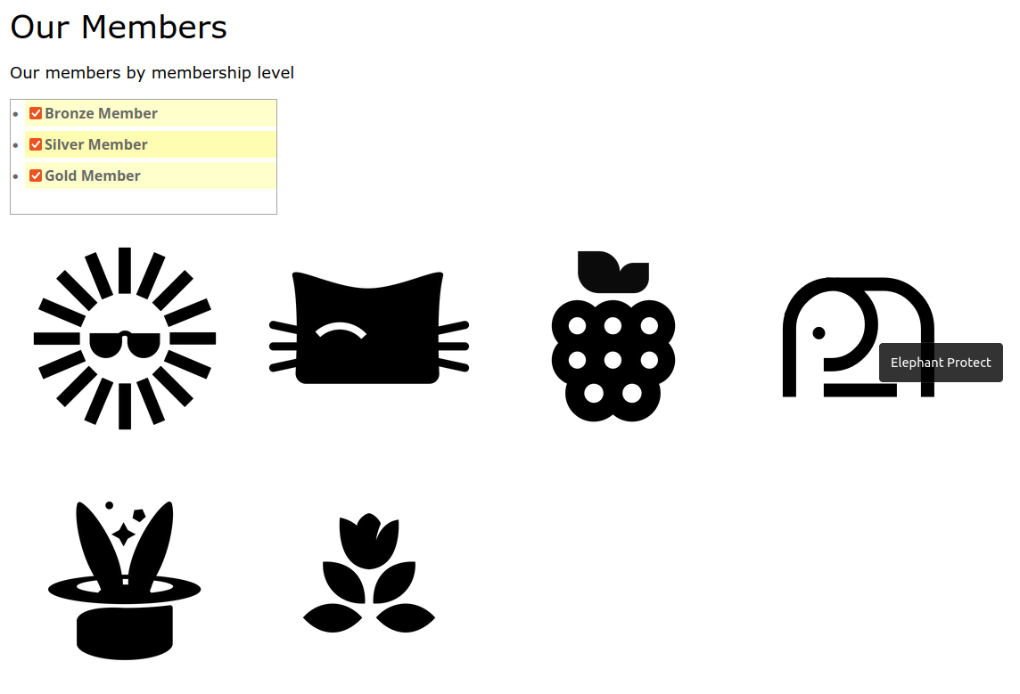 Grid showing filterable Memberships